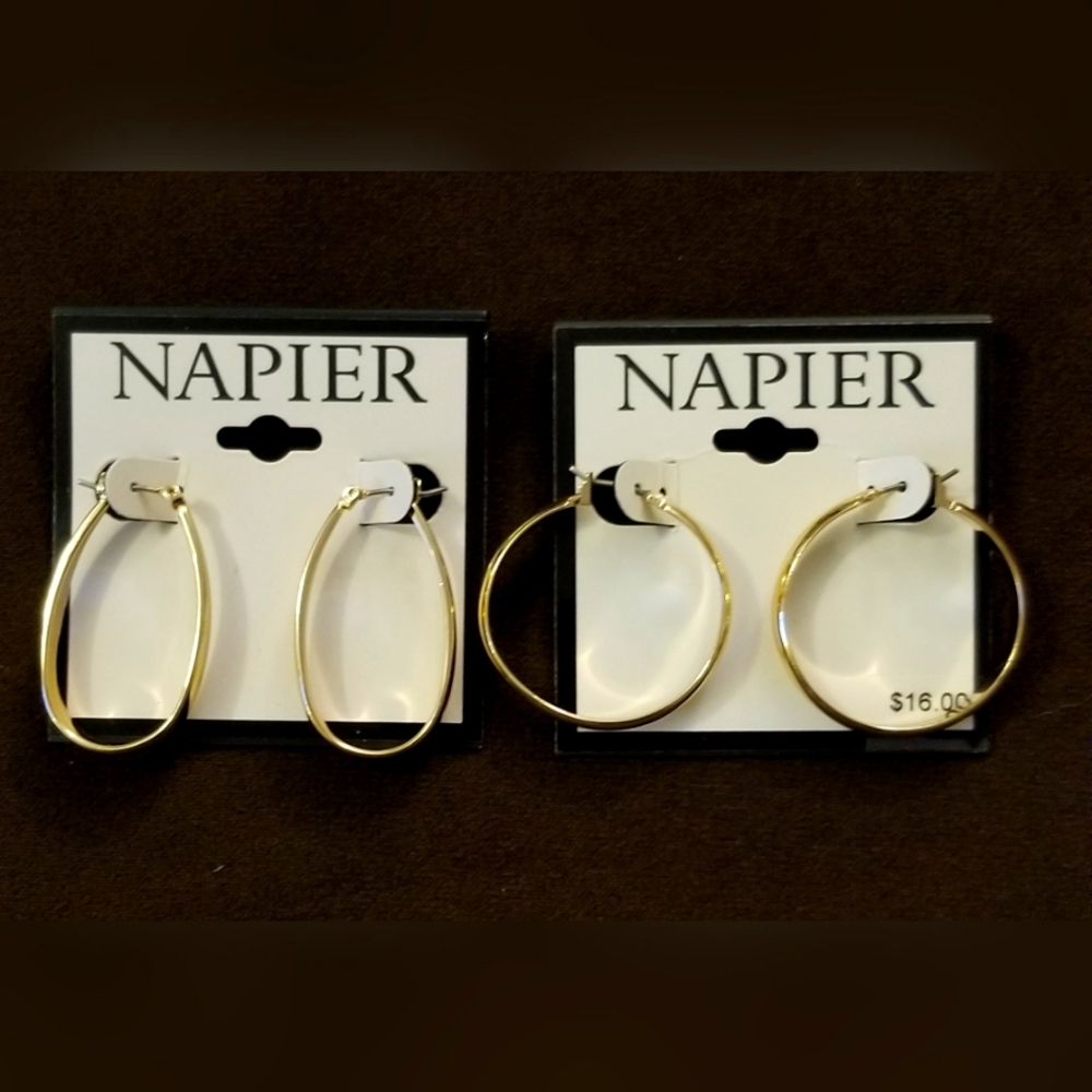 NAPIER GOLDTONE HOOP EARRINGS- 2 PAIRS - BRAND NEW ON CARDS - CLICK-TOP